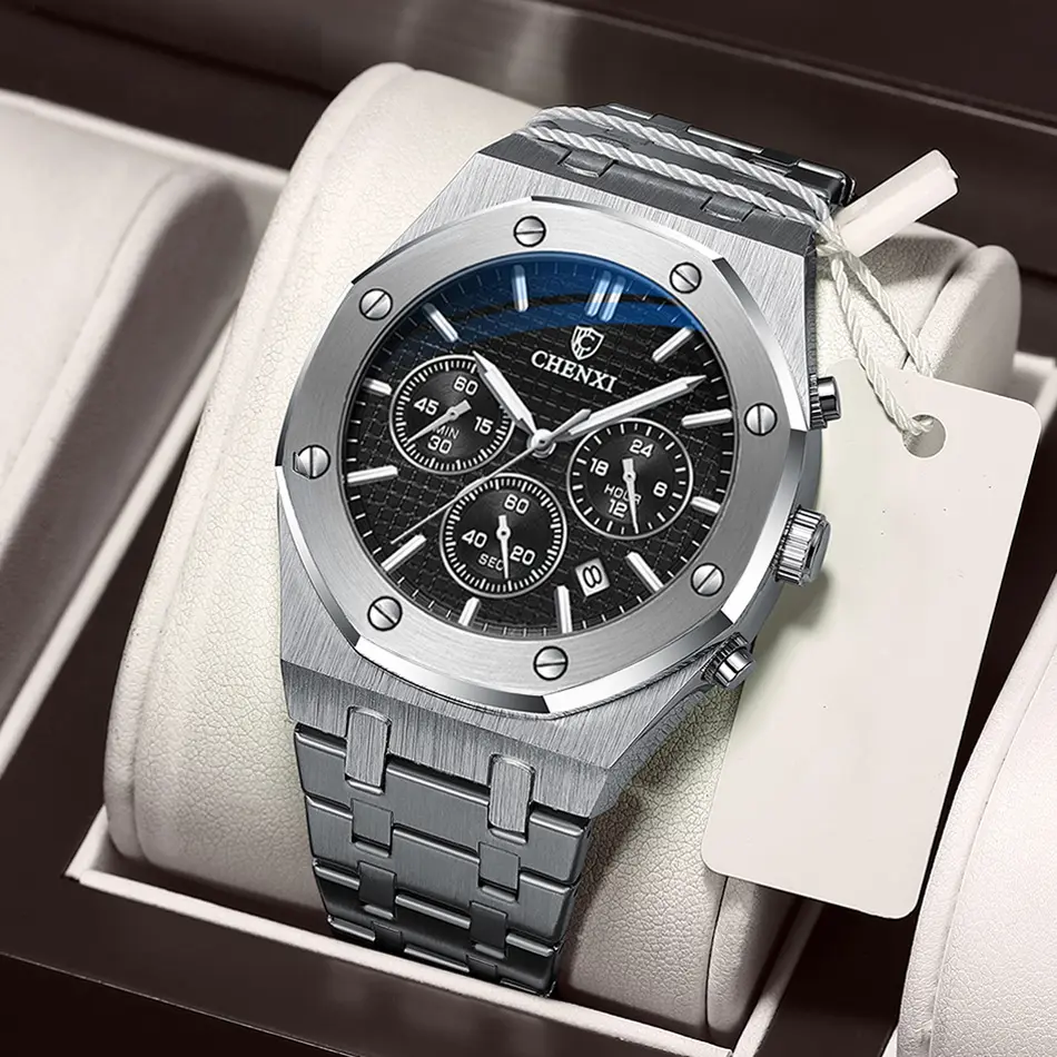 Unique Black Steel Chrono Watch Men Fashion Casual Calendar Butterfly Buckle Business Quartz Male's Watches Luxury Top Brand