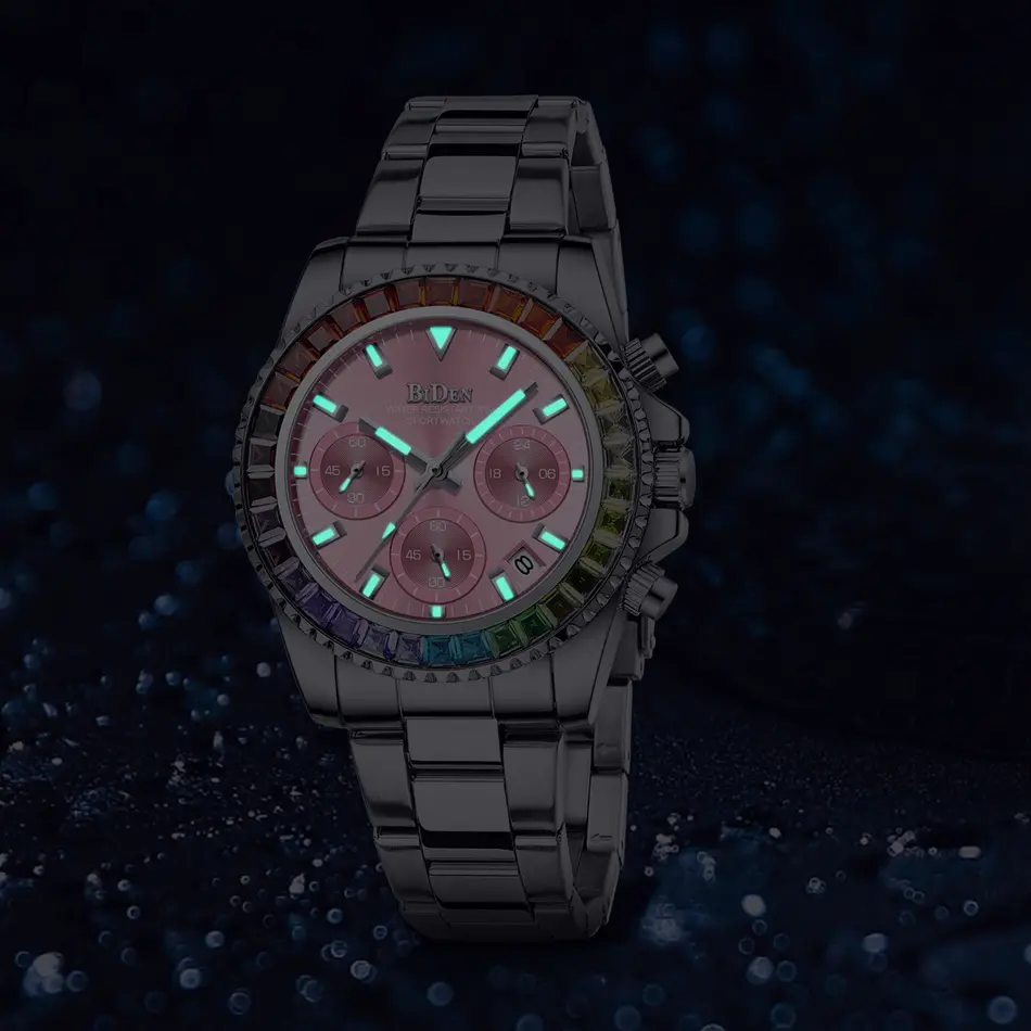 Fashion BIDEN Brand Lady Dress Watch Calendar Colorful Rhinestone Dial Casual Business Women Wristwatch Silver Stainless Steel
