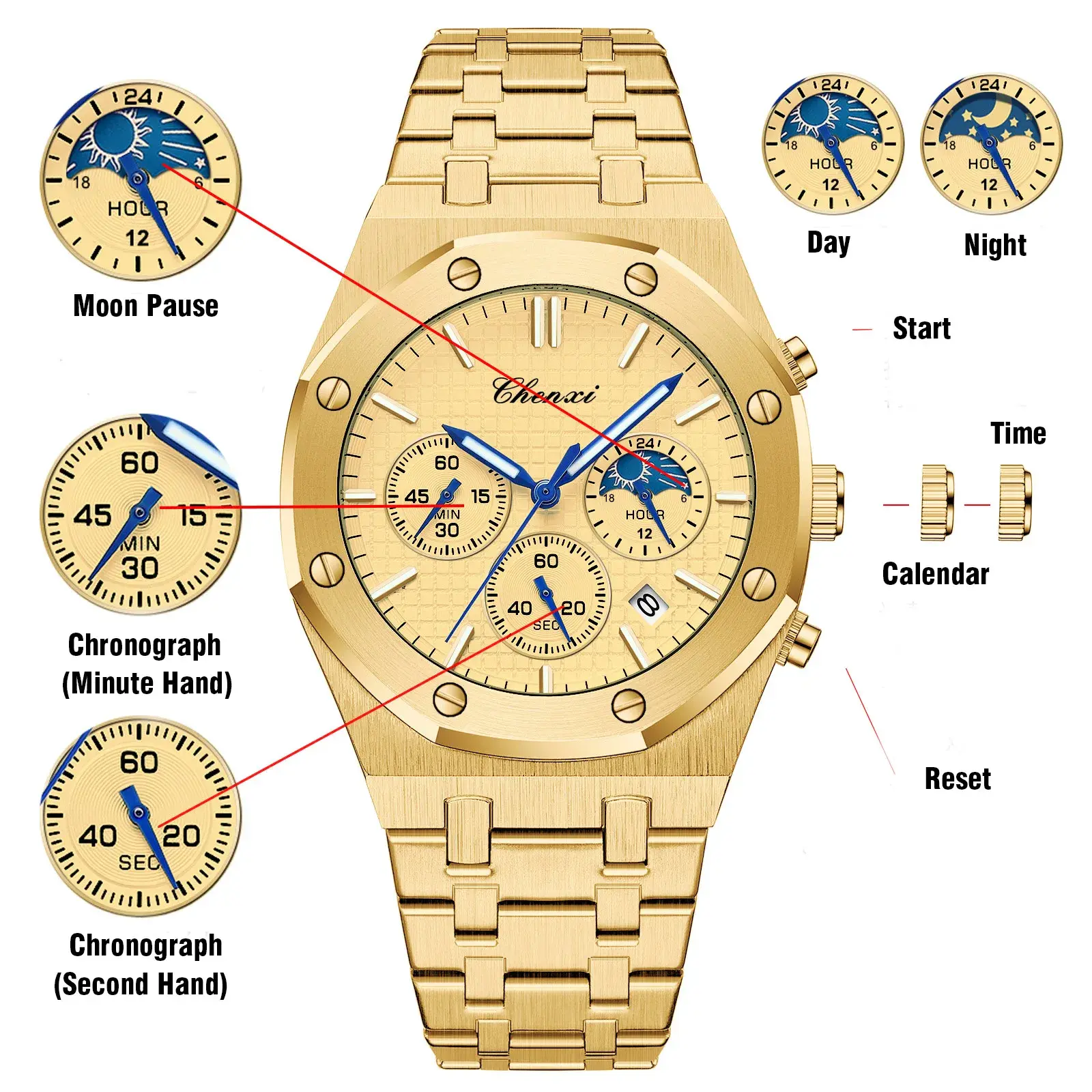 Luxury Gold Watches for Men Royal Top Brand Stainless Steel Waterproof Chronograph Golden Business Casual Men's Wristwatch Gift