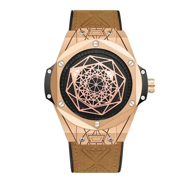 Unique Men's Watches Rotating Star Design Rose Gold Quartz Watches for Men Genuine Leather Waterproof 3Bar Business Casual Clock