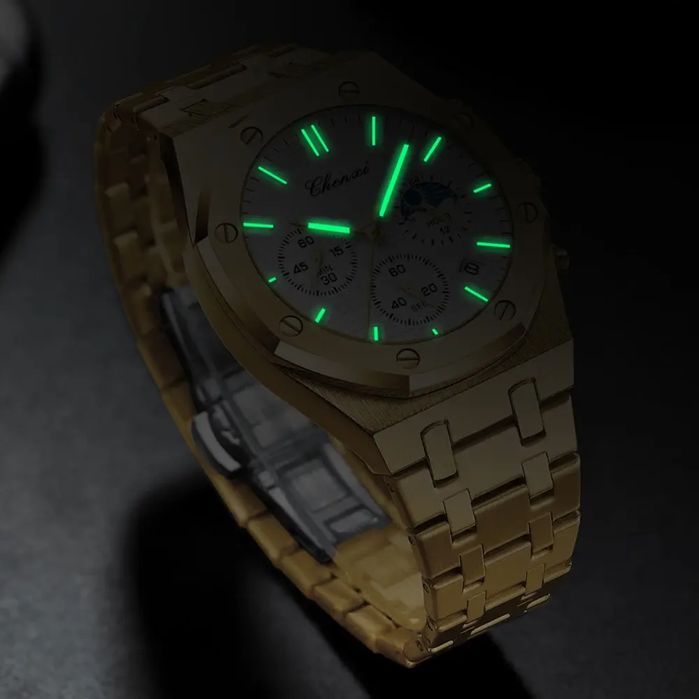 Luxury Gold Watches for Men Royal Top Brand Stainless Steel Waterproof Chronograph Golden Business Casual Men's Wristwatch Gift