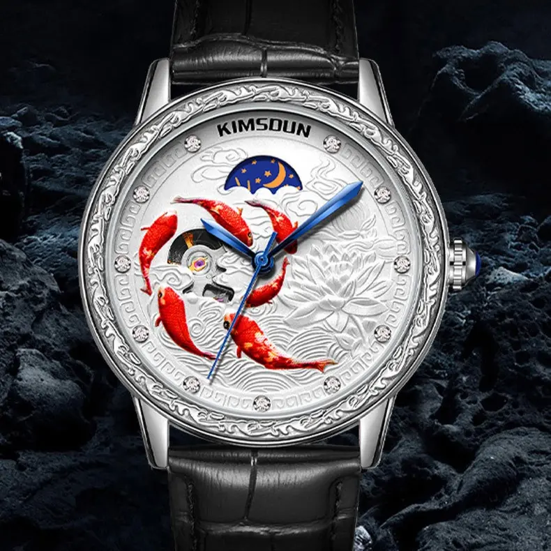 Unique Automatic Mechanical Watches for Men 6 Lucky Fish  3D Design Men Watches Luxury Top Brand Waterproof Wedding Gift 520