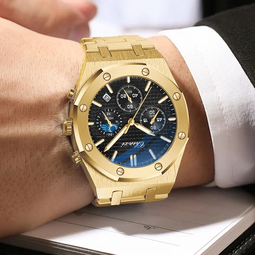 Luxury Gold Watches for Men Royal Top Brand Stainless Steel Waterproof Chronograph Golden Business Casual Men's Wristwatch Gift