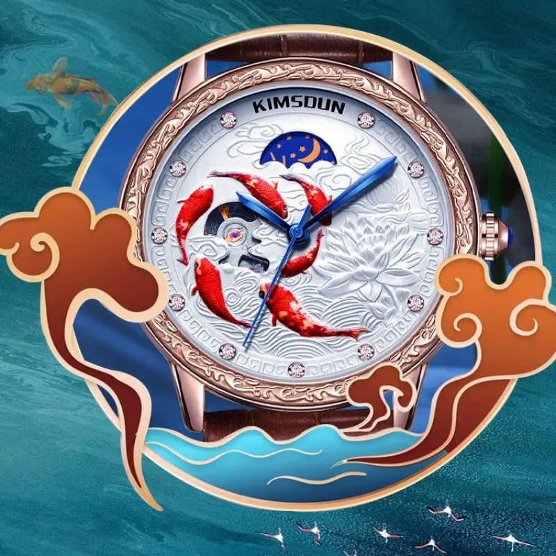 Unique Automatic Mechanical Watches for Men 6 Lucky Fish  3D Design Men Watches Luxury Top Brand Waterproof Wedding Gift 520