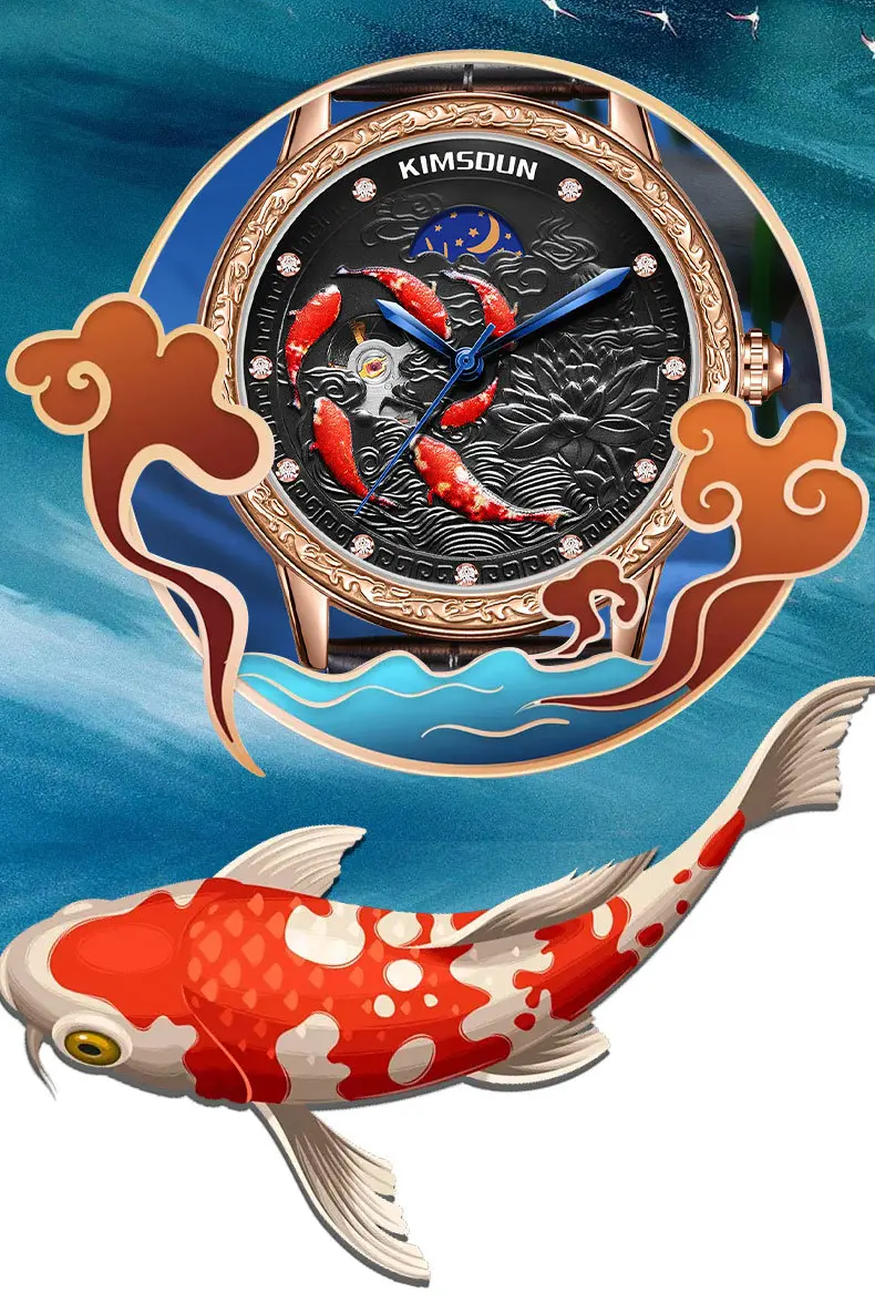 Unique Automatic Mechanical Watches for Men 6 Lucky Fish  3D Design Men Watches Luxury Top Brand Waterproof Wedding Gift 520