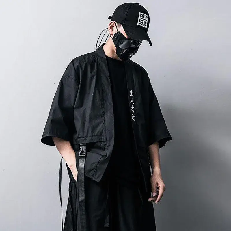 Japanese Stylish Techwear Y2k Men Taoist Robes Casual Cardigan Thin Short-sleeved Anime Clothes Harajuku Streewear Punk Shirts