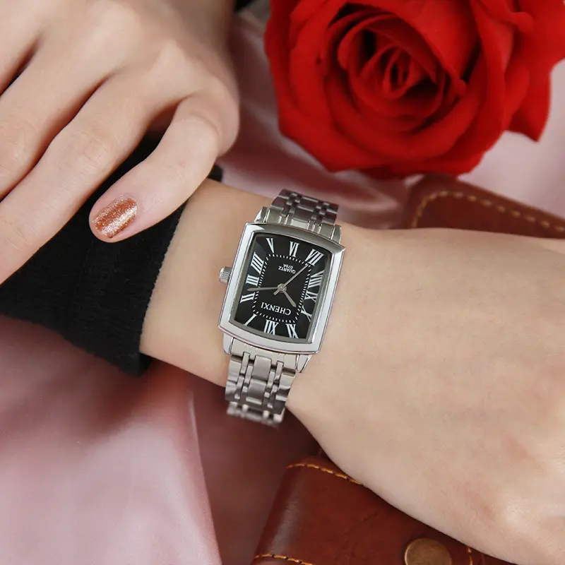 CHENXI Square Women Watch Roman Numeral Silver Stainless Steel Quartz Watches Men Lover's Lady Clock Retro Casual Couple