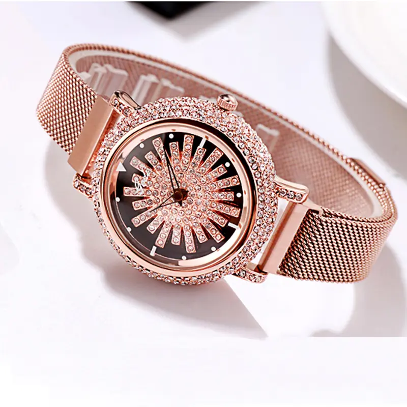 Luxury Rose Gold Women Watches Stylish Rhinstone Rotate Dial Casual Wrist watch for women Top Brand 3ATM Waterproof Clock