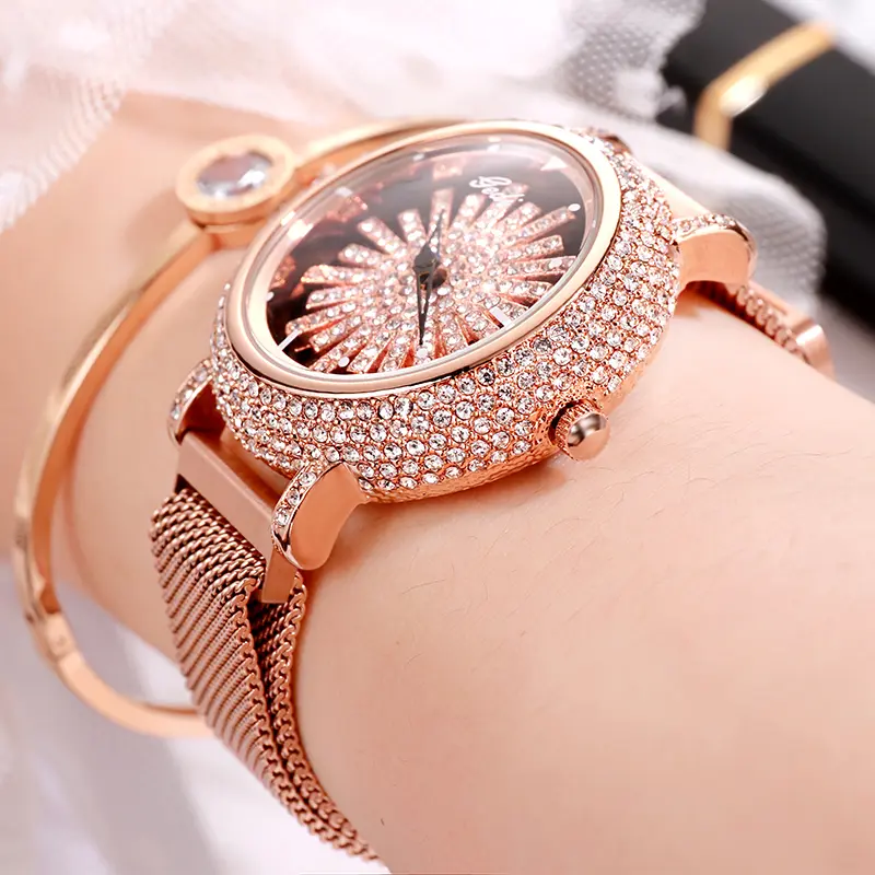 Luxury Rose Gold Women Watches Stylish Rhinstone Rotate Dial Casual Wrist watch for women Top Brand 3ATM Waterproof Clock