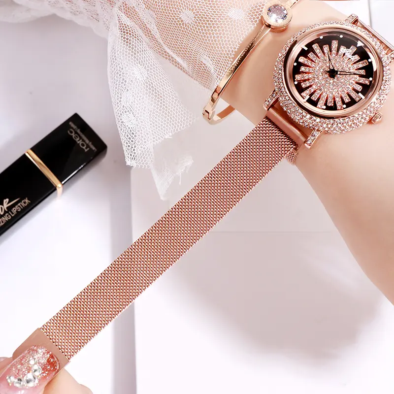 Luxury Rose Gold Women Watches Stylish Rhinstone Rotate Dial Casual Wrist watch for women Top Brand 3ATM Waterproof Clock