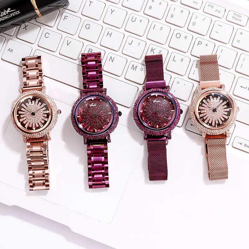 Luxury Rose Gold Women Watches Stylish Rhinstone Rotate Dial Casual Wrist watch for women Top Brand 3ATM Waterproof Clock