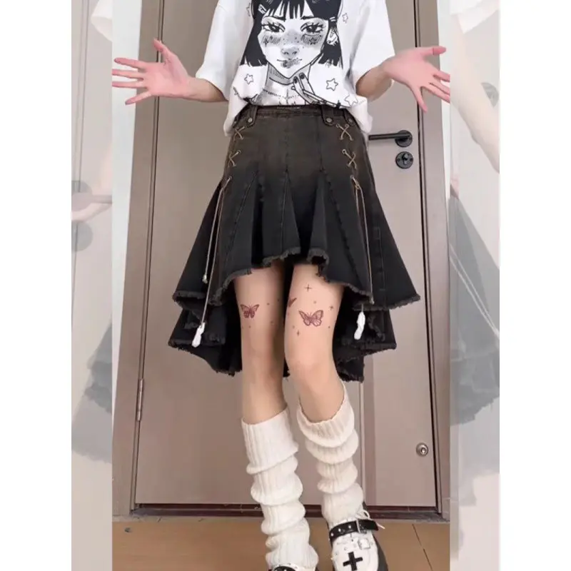 Fashion Unique Women's Denim Skirts Summer High Waist Asymmetric Kawayi Mini Skirt Y2K Streewear Hip Hop Music Party Skirts