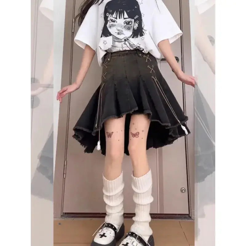 Fashion Unique Women's Denim Skirts Summer High Waist Asymmetric Kawayi Mini Skirt Y2K Streewear Hip Hop Music Party Skirts