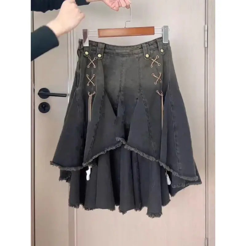 Fashion Unique Women's Denim Skirts Summer High Waist Asymmetric Kawayi Mini Skirt Y2K Streewear Hip Hop Music Party Skirts