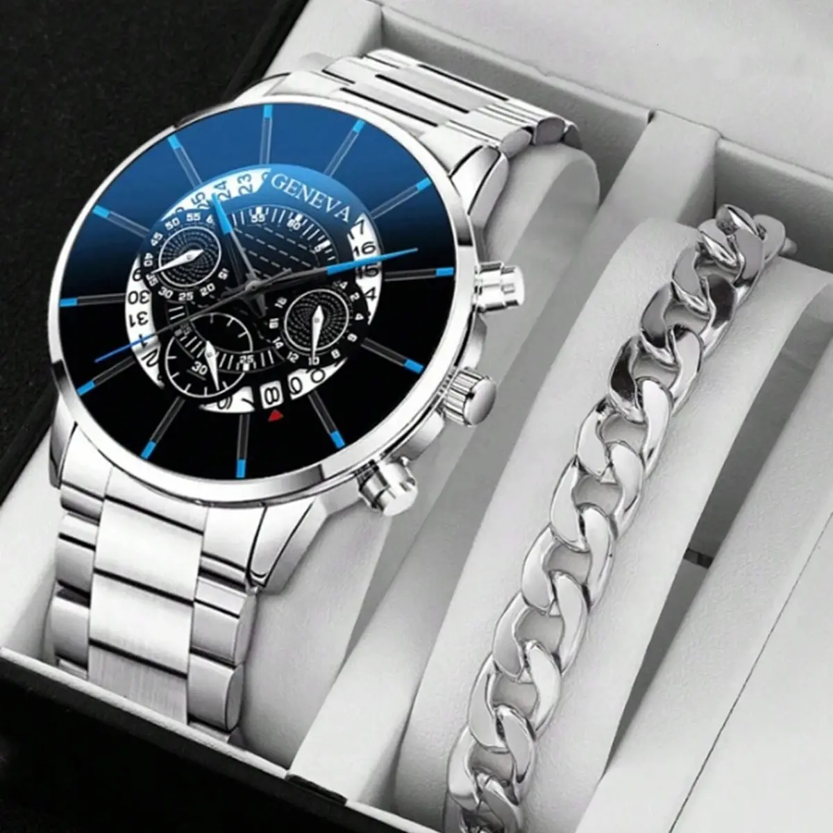 2pcs Men's Fashion Classic Watch Silver Simple Analog Quartz Male Wrist Watch Jewelry Set