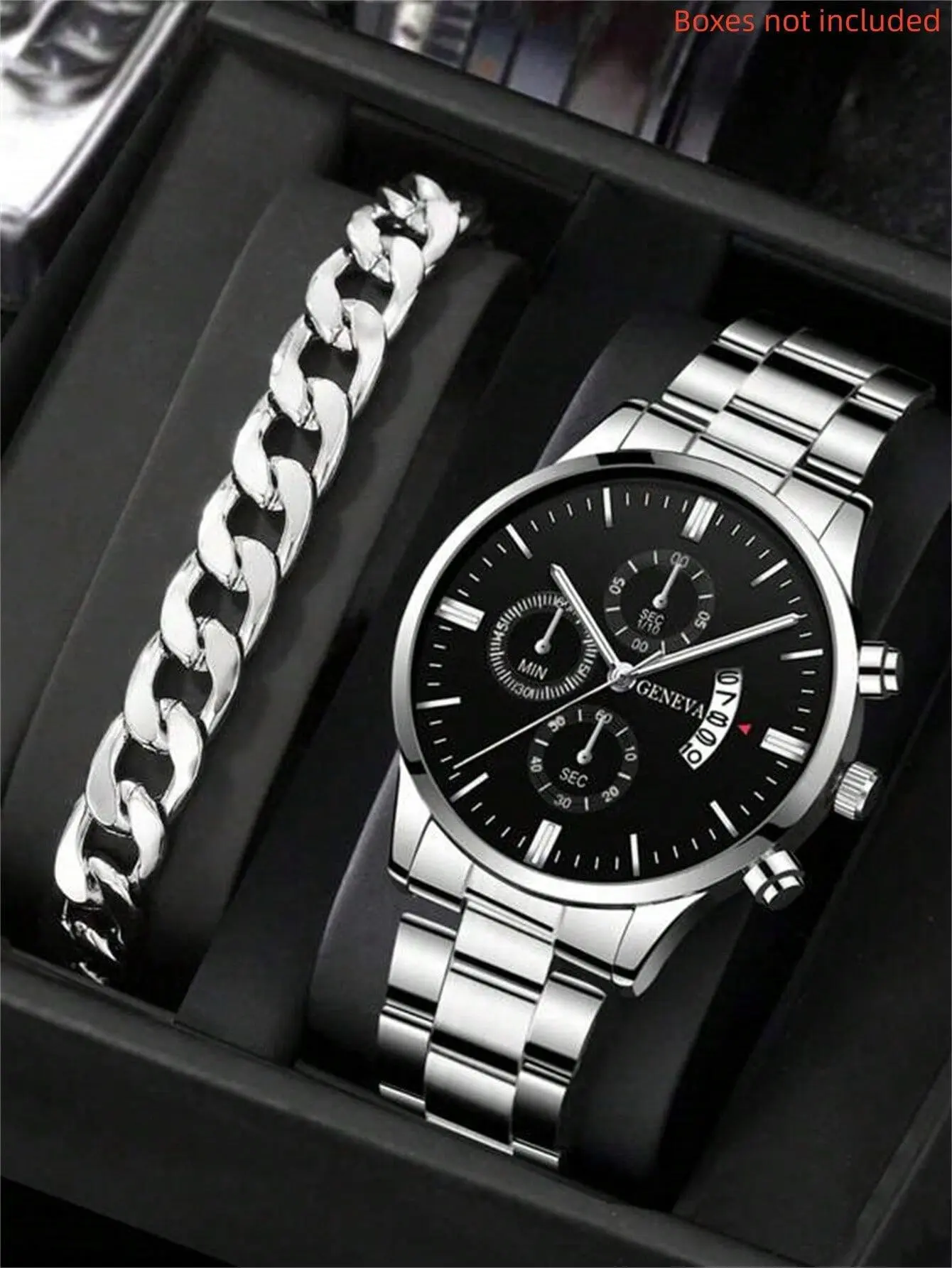 2pcs Men's Fashion Classic Watch Silver Simple Analog Quartz Male Wrist Watch Jewelry Set