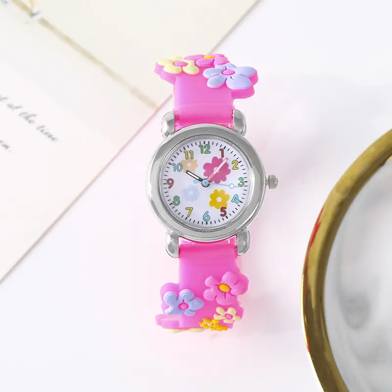 Cute Sweet Colored Flower Cartoon Watch, Pink Silicone Tape Quartz Cartoon Schoolgirl Watches Kid's Quartz Wristwatches