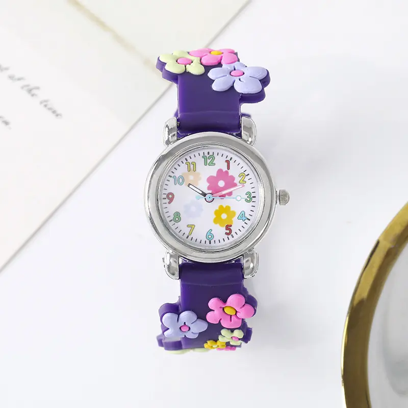 Cute Sweet Colored Flower Cartoon Watch, Pink Silicone Tape Quartz Cartoon Schoolgirl Watches Kid's Quartz Wristwatches
