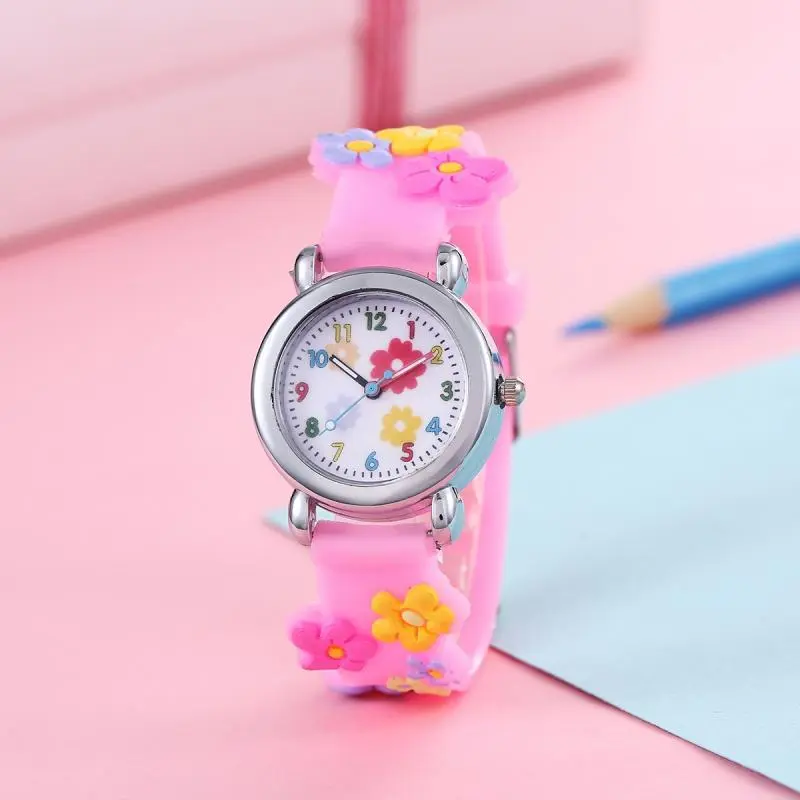 Cute Sweet Colored Flower Cartoon Watch, Pink Silicone Tape Quartz Cartoon Schoolgirl Watches Kid's Quartz Wristwatches