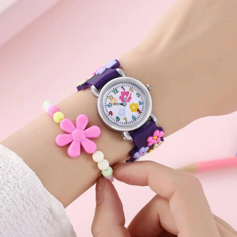 Cute Sweet Colored Flower Cartoon Watch, Pink Silicone Tape Quartz Cartoon Schoolgirl Watches Kid's Quartz Wristwatches