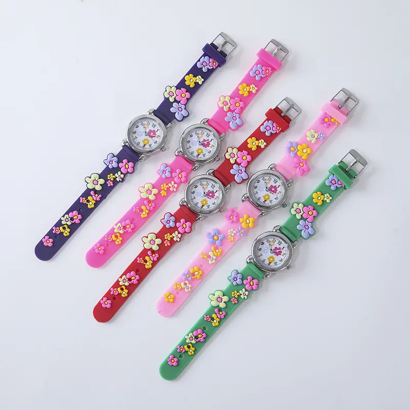 Cute Sweet Colored Flower Cartoon Watch, Pink Silicone Tape Quartz Cartoon Schoolgirl Watches Kid's Quartz Wristwatches