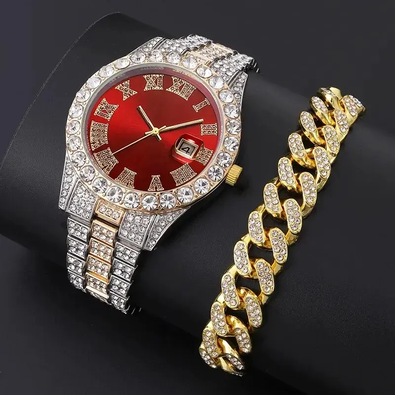 2pcs Fashion Diamond Men Women Watches Gold Watch Ladies Wrist Watch Luxury Rhinestone Unisex Bracelet Watches Female Clock