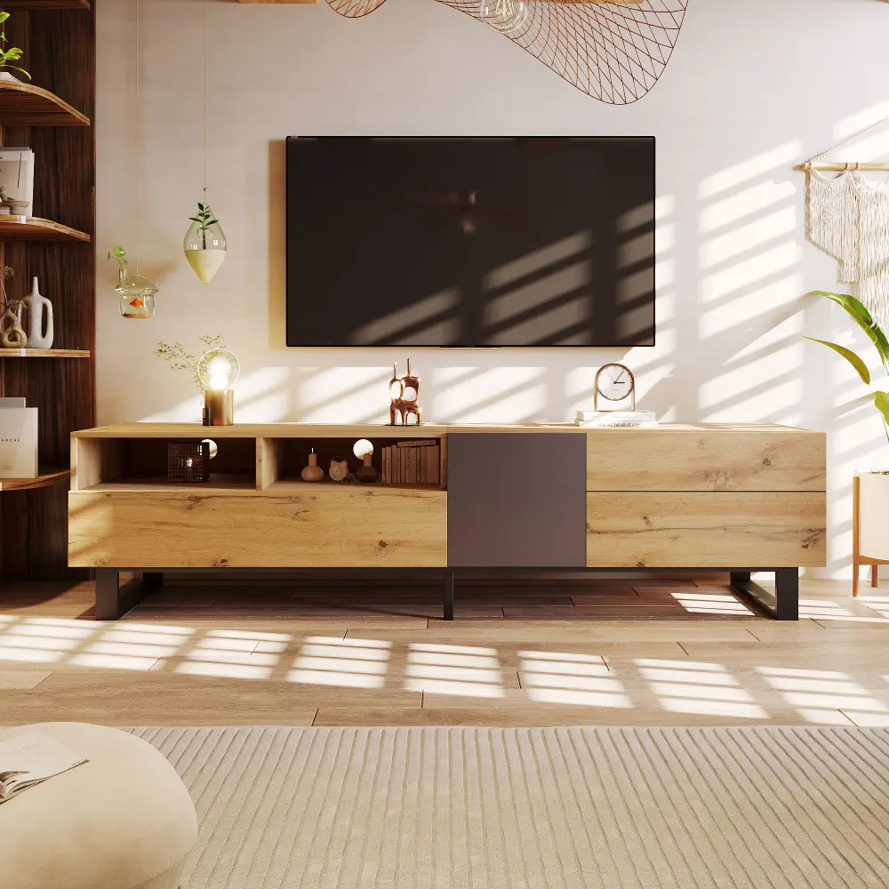 Modern TV Stand for 80'' TV with Double Storage Space, Media Console Table, Entertainment Center with Drop Down Door for Living
