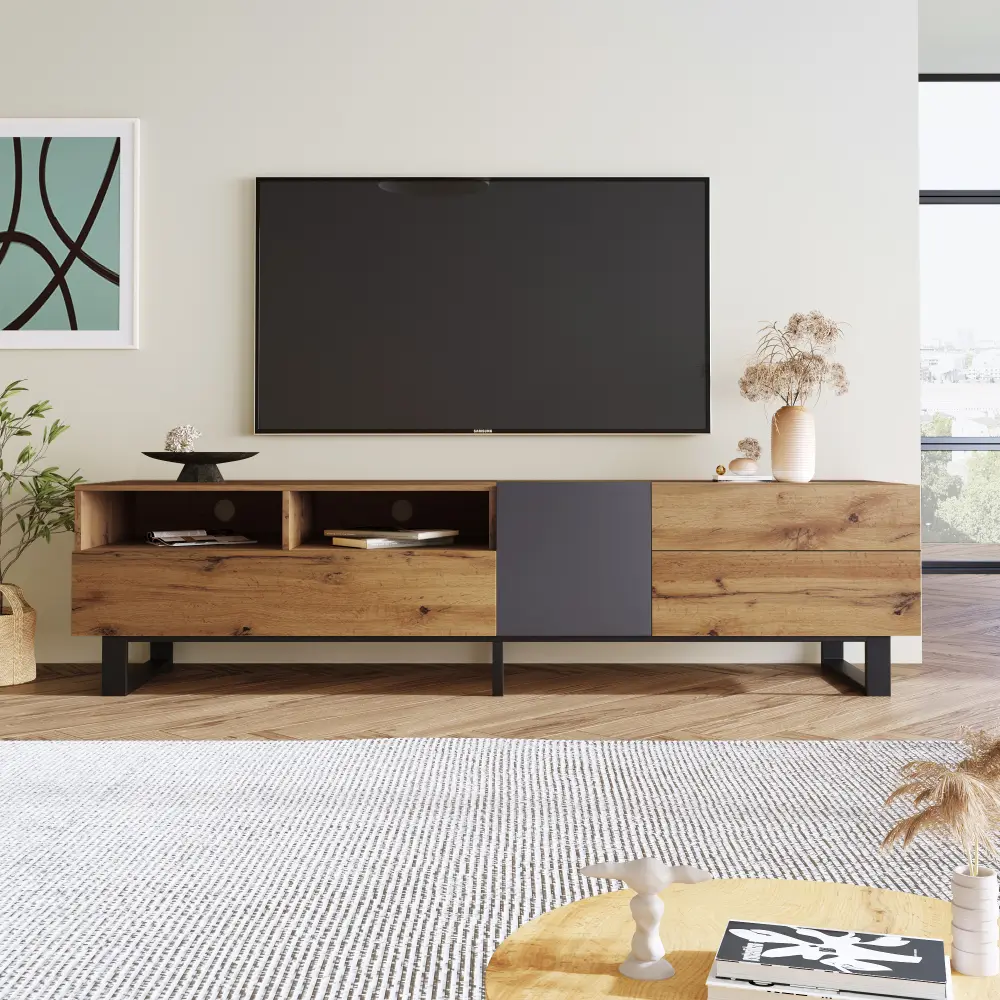 Modern TV Stand for 80'' TV with Double Storage Space, Media Console Table, Entertainment Center with Drop Down Door for Living
