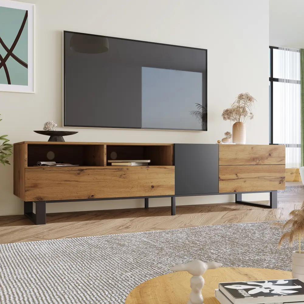 Modern TV Stand for 80'' TV with Double Storage Space, Media Console Table, Entertainment Center with Drop Down Door for Living