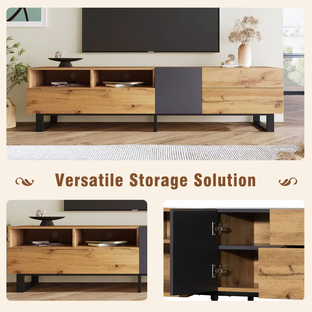 Modern TV Stand for 80'' TV with Double Storage Space, Media Console Table, Entertainment Center with Drop Down Door for Living