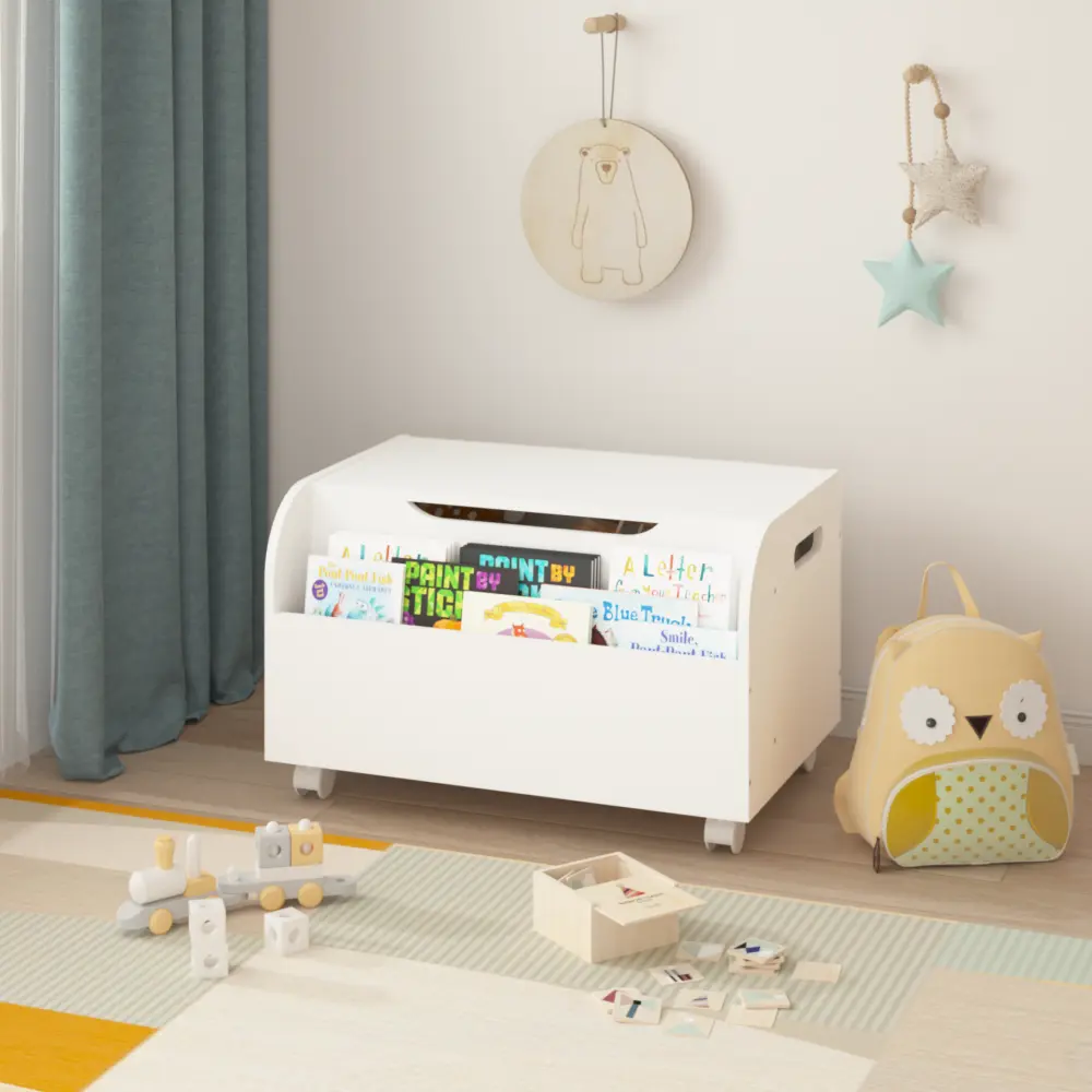 Wooden toy box with 4 universal wheels, children's toy storage box with front shelf, flap, safety hinges