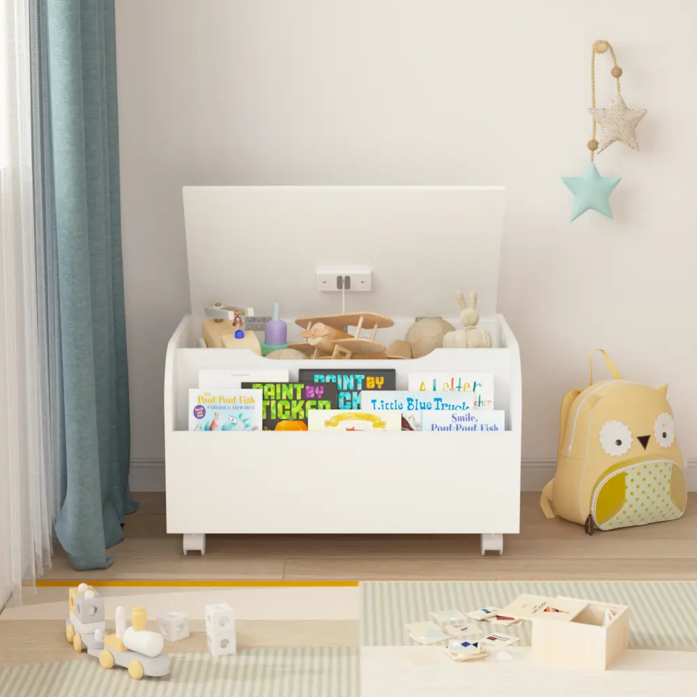 Wooden toy box with 4 universal wheels, children's toy storage box with front shelf, flap, safety hinges
