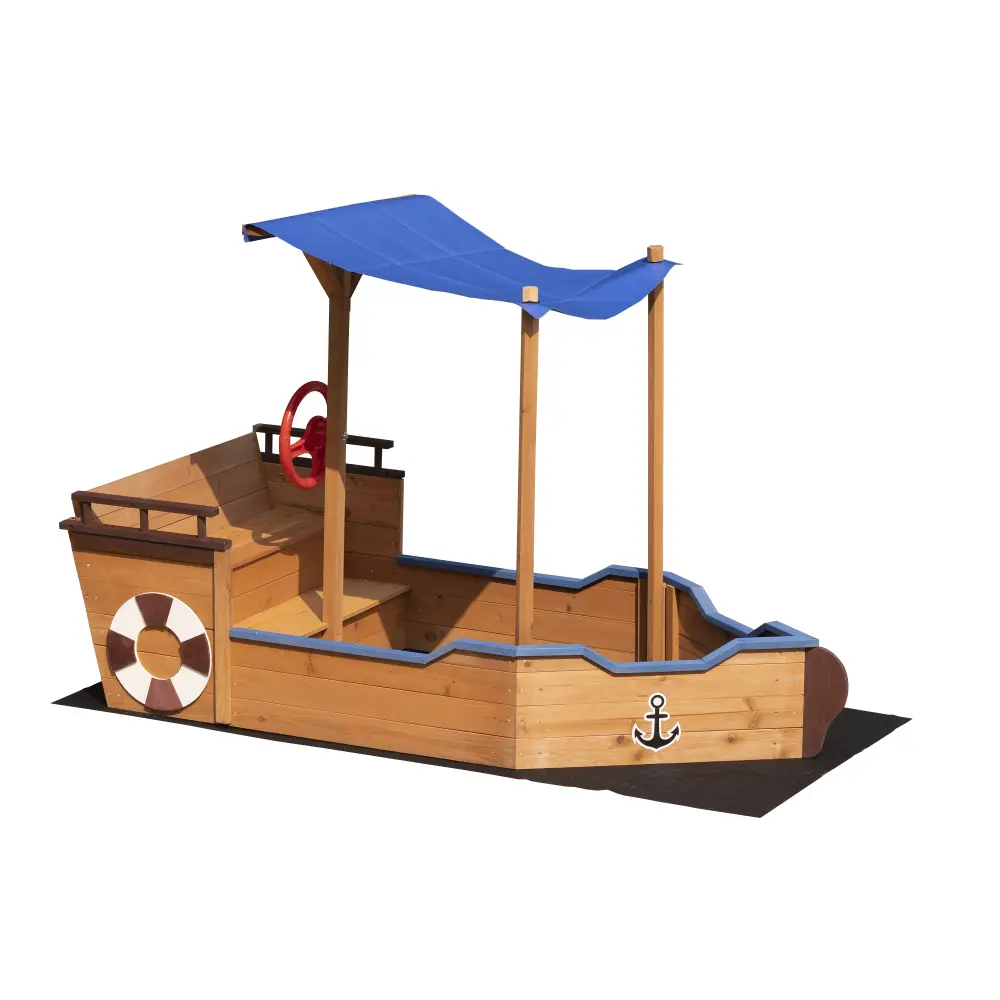 Outsunny Pirate Ship Sandbox with Cover and Rudder Wooden Sandbox with Storage Bench and Seat Outdoor Toy for Kids 3-8 Years Old