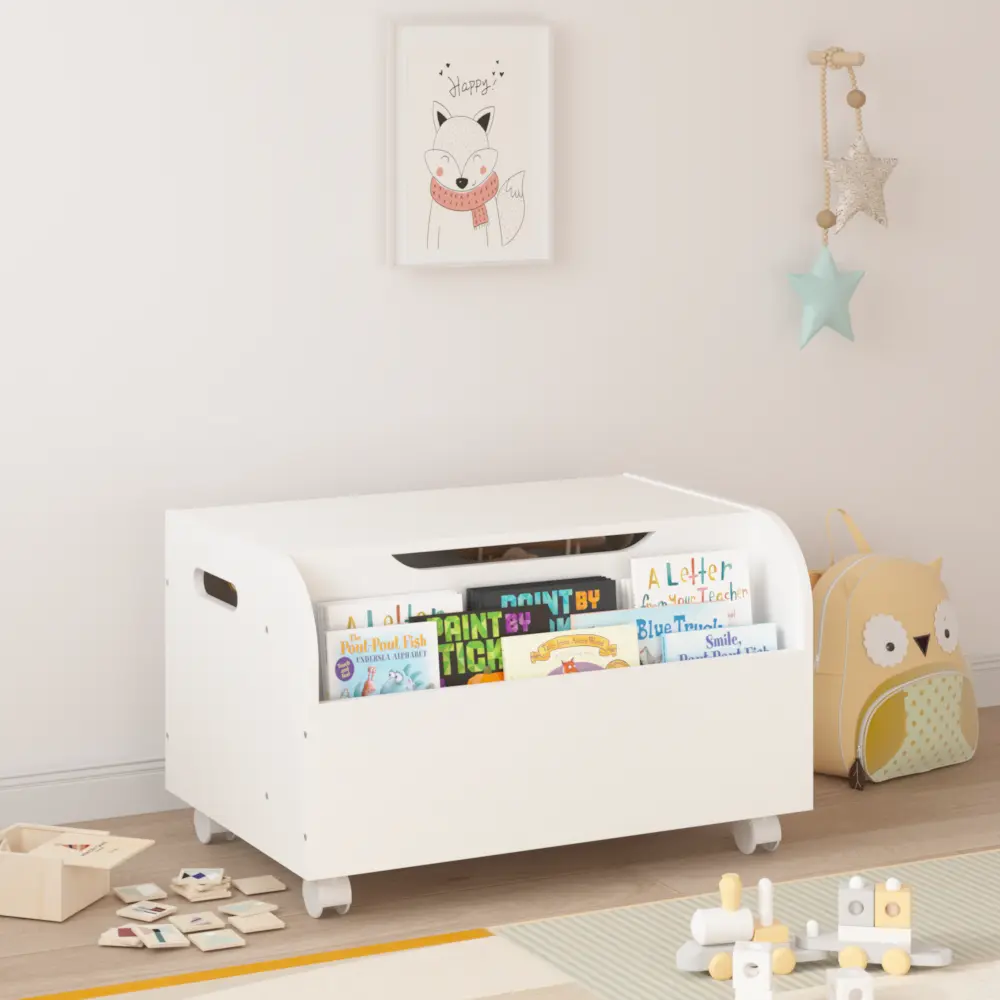 Wooden toy box with 4 universal wheels, children's toy storage box with front shelf, flap, safety hinges