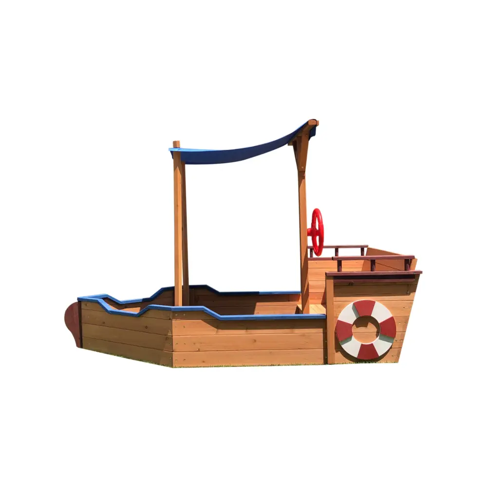 Outsunny Pirate Ship Sandbox with Cover and Rudder Wooden Sandbox with Storage Bench and Seat Outdoor Toy for Kids 3-8 Years Old