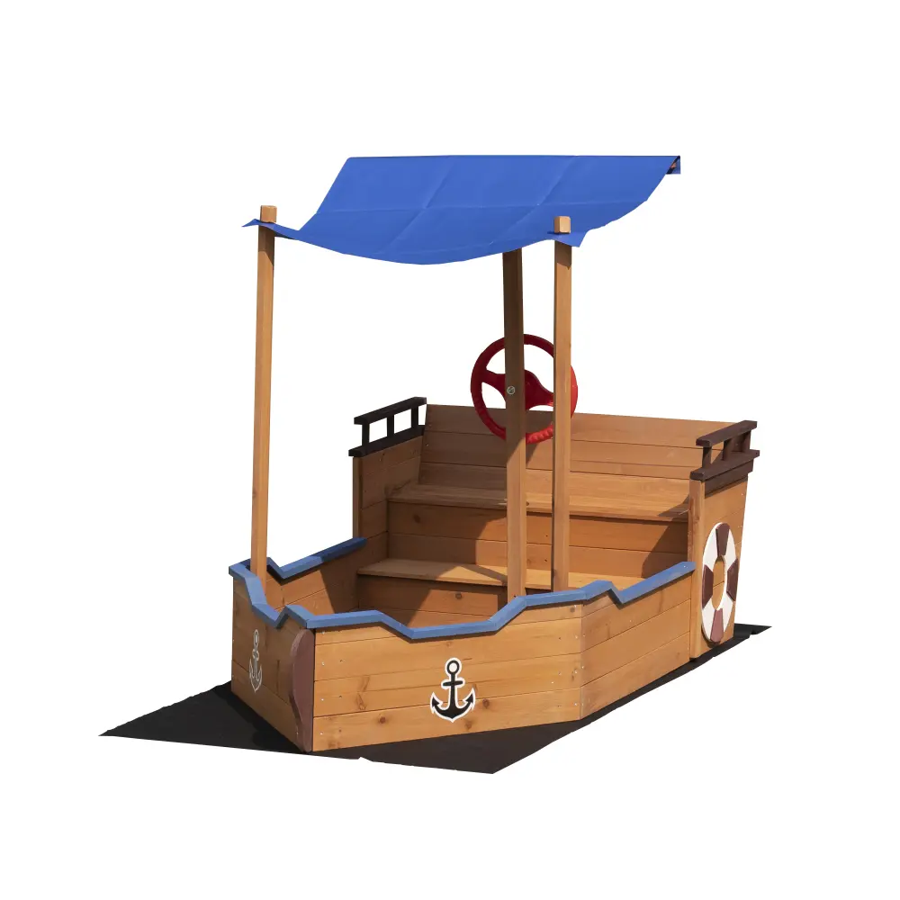 Outsunny Pirate Ship Sandbox with Cover and Rudder Wooden Sandbox with Storage Bench and Seat Outdoor Toy for Kids 3-8 Years Old