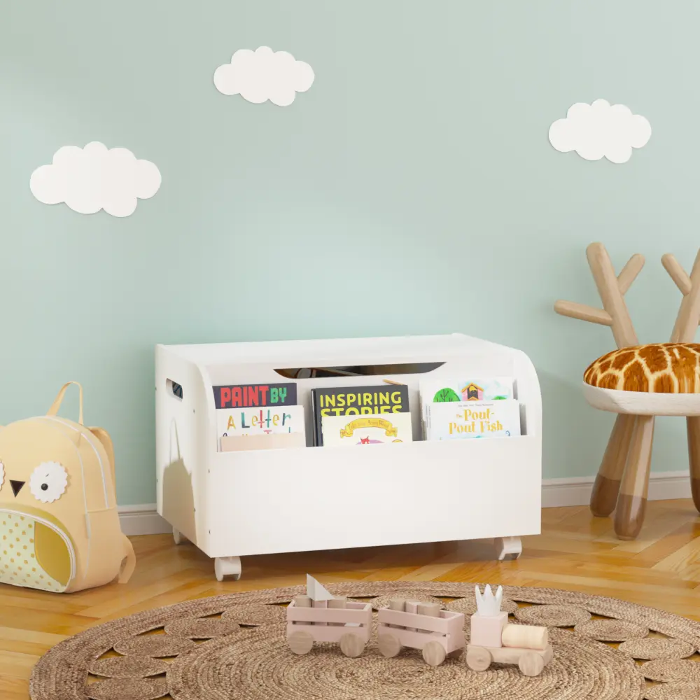 Wooden toy box with 4 universal wheels, children's toy storage box with front shelf, flap, safety hinges
