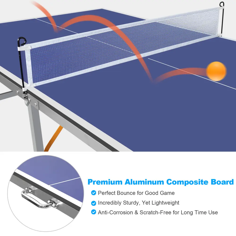 6ft Mid-Size Table Foldable Portable Ping Pong Table Set for Indoor & Outdoor Games with Net,2 Table Tennis Paddles and 3 Balls