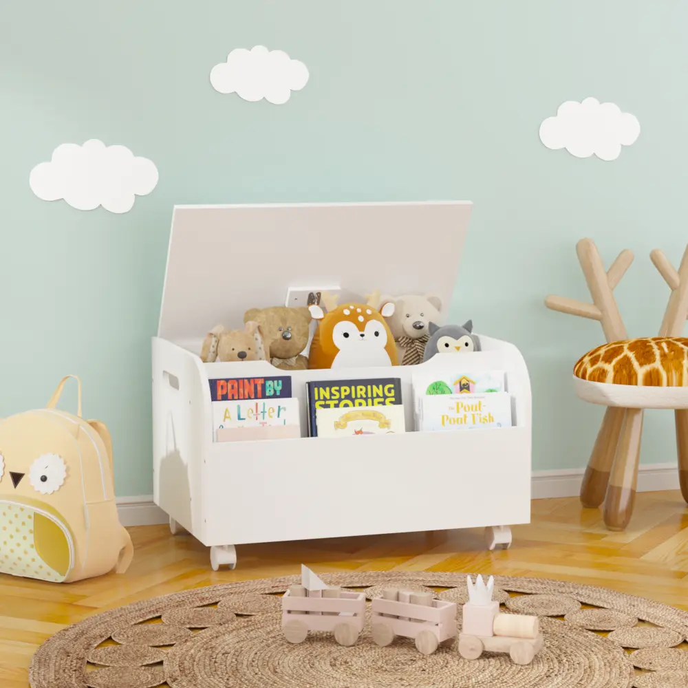 Wooden toy box with 4 universal wheels, children's toy storage box with front shelf, flap, safety hinges
