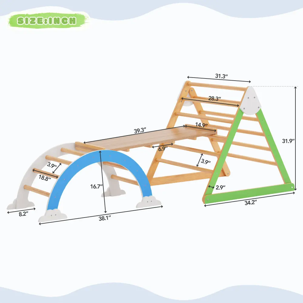 Wooden Climbing Triangle Toys - Indoor Arc Climber Jungle with Ramp and Arch Toy Rocker, Reversible Multifunction Playset