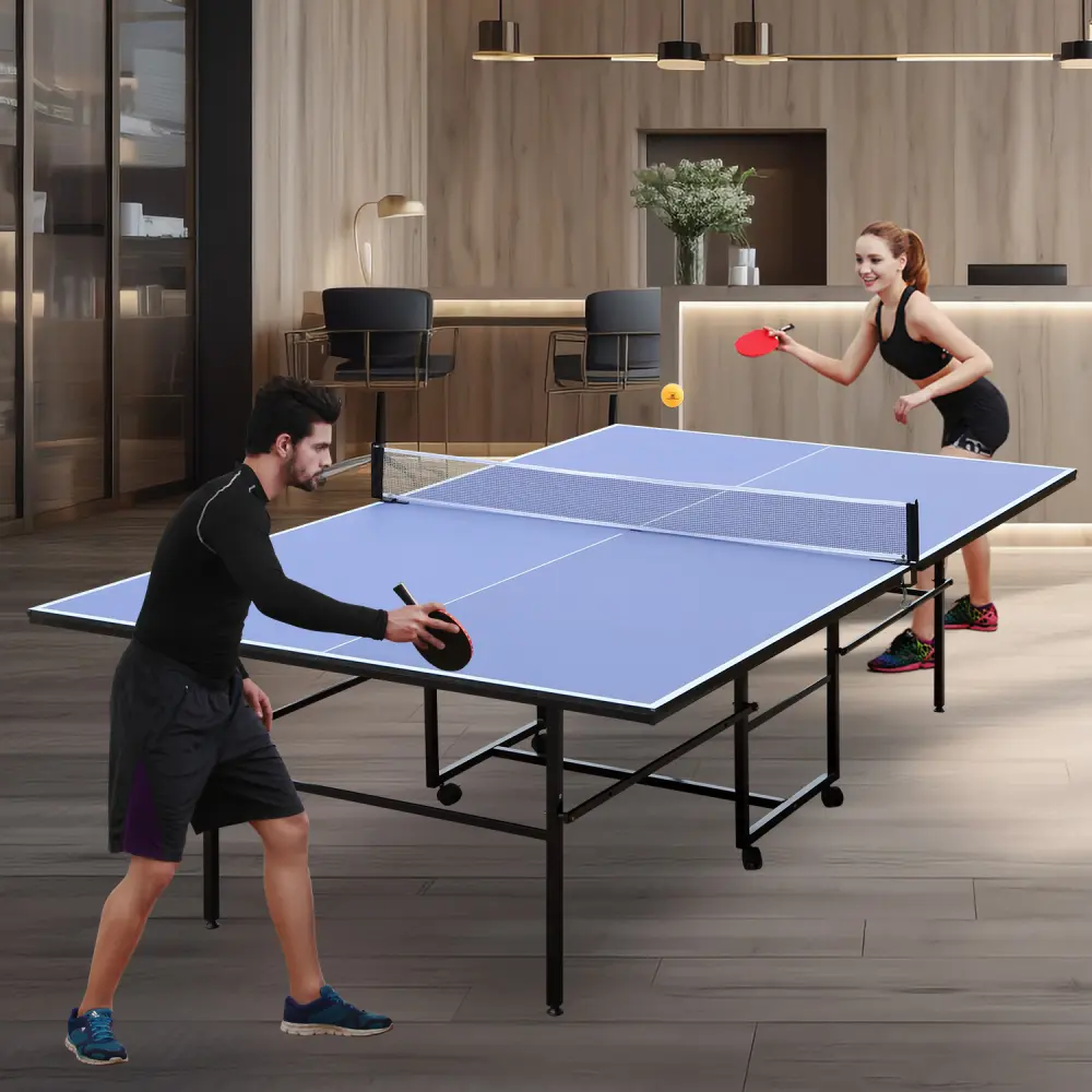 9ft Mid-Size Table Table Foldable & Portable Ping Pong Table Set for Indoor Games with Net, 2 Table Tennis Paddles and 3 Balls