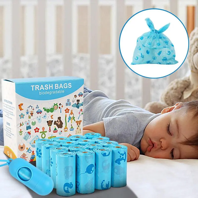 16 Rolls Diaper Waste Bags with Dispenser Tear-Resistant Odor-Proof Cleaning Sack Portable Toddler Supplies for Daycare Center