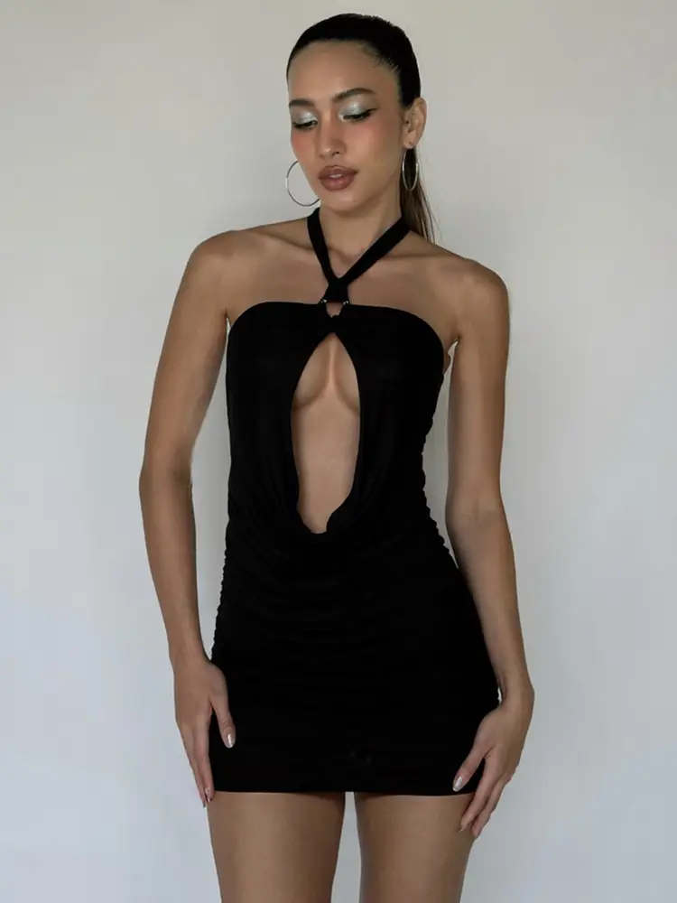 kliou Summer Sexy Women Mini Dresses Halater Swinging Hollow Out Cleavage Backless Skinny Frock Female Fashion Party Vestidos