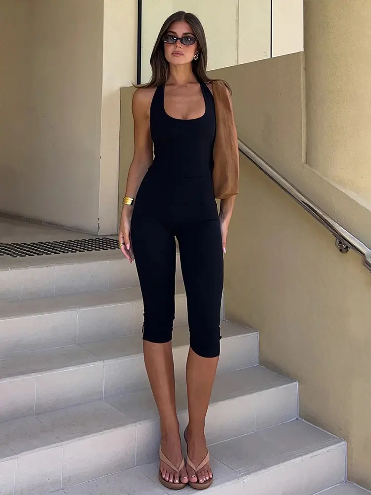 kliou Casual Playsuits Women Basic Solid Summer Halter Cleavage Backless Stretch Skinny Rompers Female Gym Sporty One Piece New