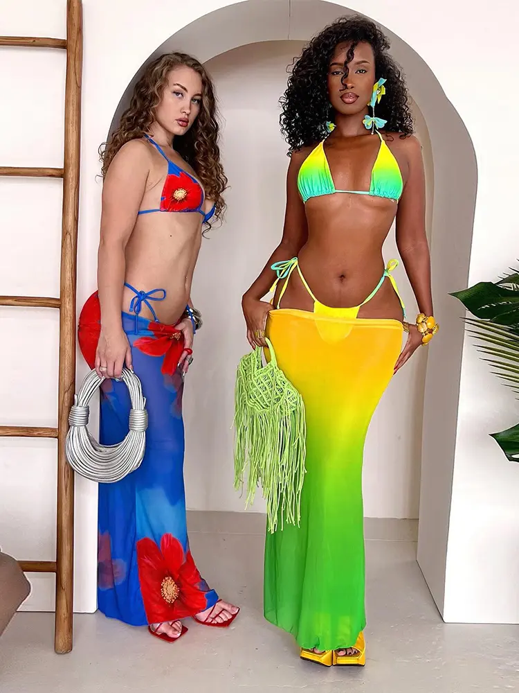 kliou Gradient Panelled Women 3Piece Set Sexy Beach Swim Outfit Mesh Halter Bandage Bikini Suits+Maxi Skirts Mujer Vacation Wear