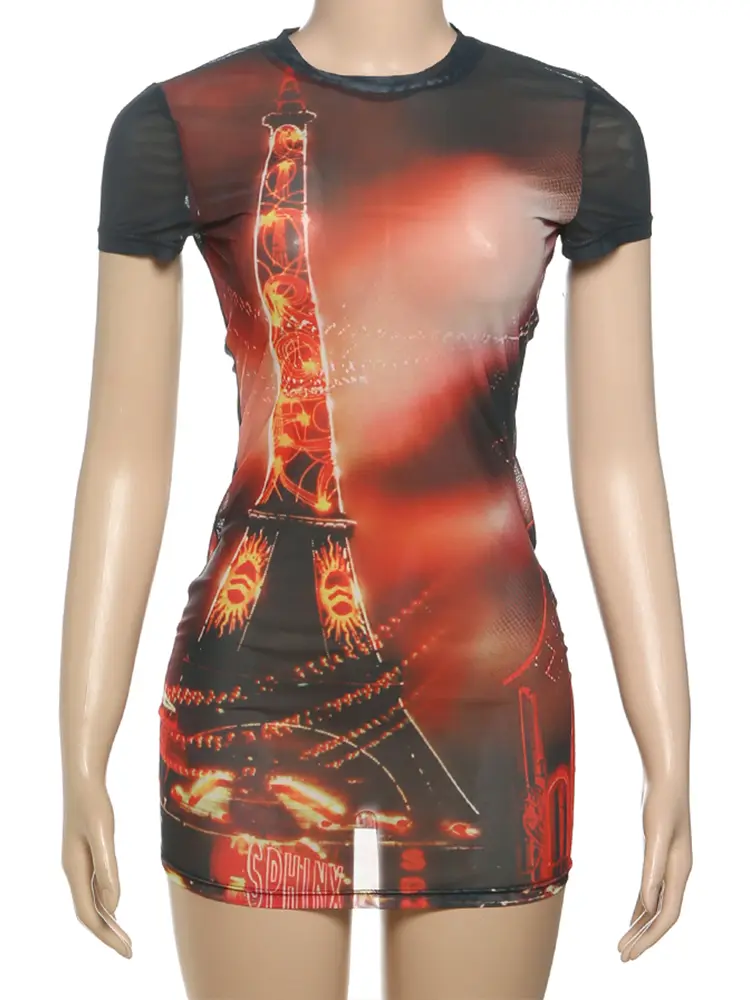 kliou Attractive Print Women Mini Dress Summer Mesh Thin Y2K Short Sleeve O-neck Slim Vestidos Female Sexy Trend Party Vestidos