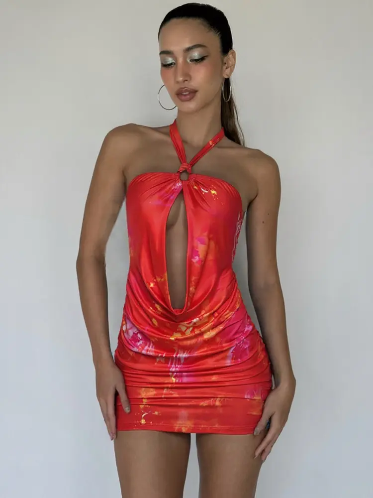 kliou Summer Sexy Women Mini Dresses Halater Swinging Hollow Out Cleavage Backless Skinny Frock Female Fashion Party Vestidos