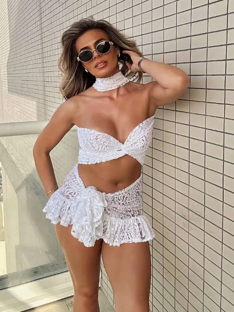 kliou Lace Sexy Hot Women 2 Piece Set Stunning Trend Cross Crop Tank+Tied Ruched Mini Skirts See Through Mujer Midnight Clubwear
