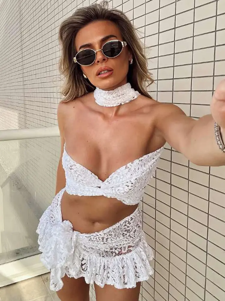 kliou Lace Sexy Hot Women 2 Piece Set Stunning Trend Cross Crop Tank+Tied Ruched Mini Skirts See Through Mujer Midnight Clubwear