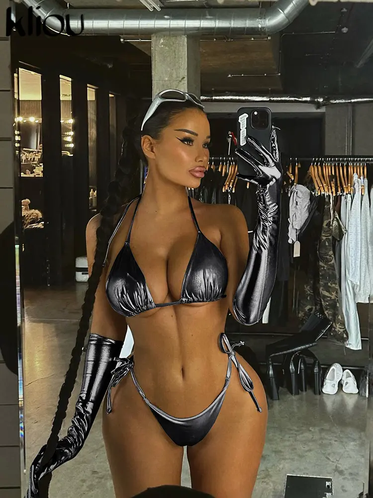 Kliou купальник женский Two Piece Set Women Summer Solid Bandage Halter Bikini Tops+Matching Hip Shorts Coordinates Outfit